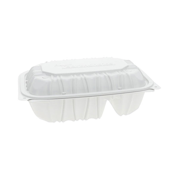 Pactiv Evergreen EarthChoice Vented Microwavable MFPP Hinged Lid Container, 2-Compartment, 9 x 6 x 3.1, White, Plastic, 170/Carton (PCTYCNW02052) Case of 170