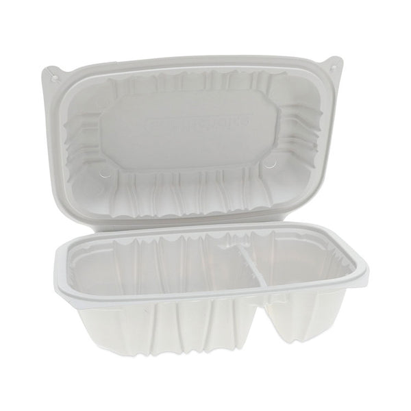 Pactiv Evergreen EarthChoice Vented Microwavable MFPP Hinged Lid Container, 2-Compartment, 9 x 6 x 3.1, White, Plastic, 170/Carton (PCTYCNW02052) Case of 170