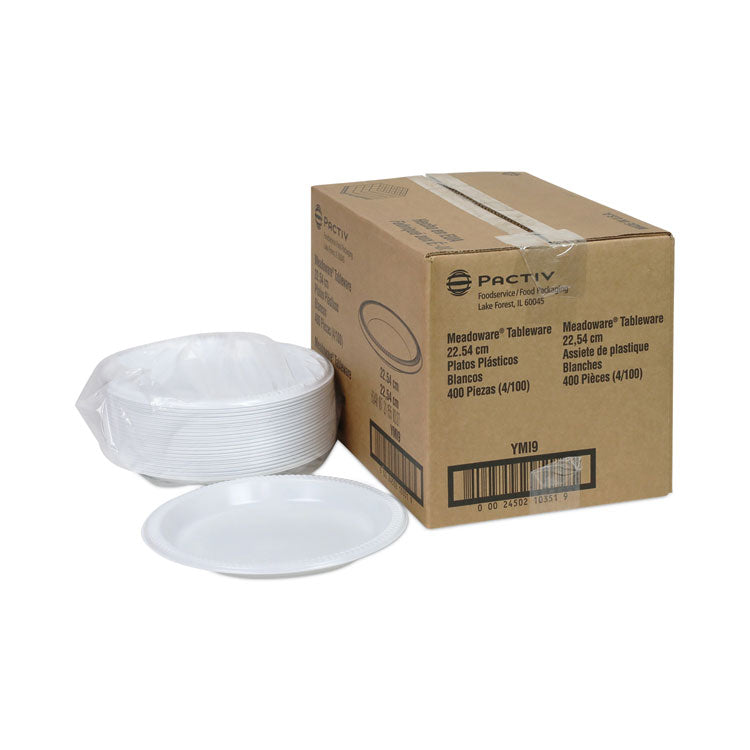 Pactiv Evergreen Meadoware Impact Plastic Dinnerware, Plate, 8.88" dia, White, 400/Carton (PCTYMI9)