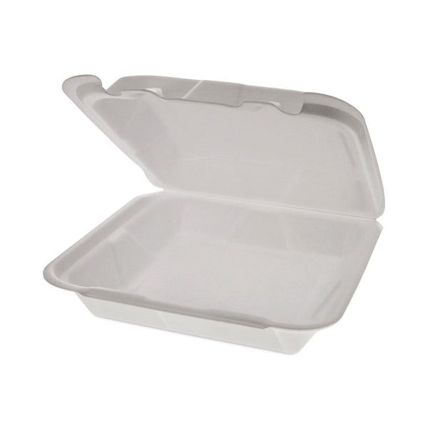 Pactiv Evergreen Foam Hinged Lid Container, Dual Tab Lock Happy Face, 8 x 7.75 x 2.25, White, 200/Carton (PCTYHD18SS00200) Case of 200