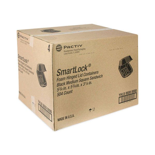 Pactiv Evergreen SmartLock Foam Hinged Lid Container, Sandwich, 5.75 x 5.75 x 3.25, Black, 504/Carton (PCTYHLB06000000) Case of 504