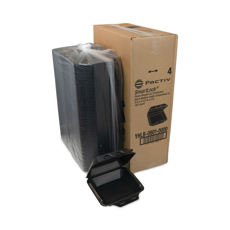 Pactiv Evergreen SmartLock Foam Hinged Lid Container, Medium, 8 x 8.5 x 3, Black, 150/Carton (PCTYHLB08010000) Case of 150