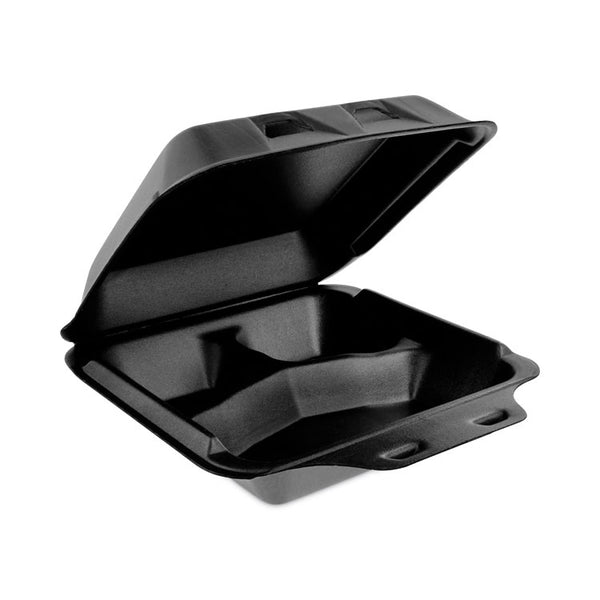 Pactiv Evergreen SmartLock Foam Hinged Lid Container, Medium, 3-Compartment, 8 x 8.5 x 3, Black, 150/Carton (PCTYHLB08030000) Case of 150