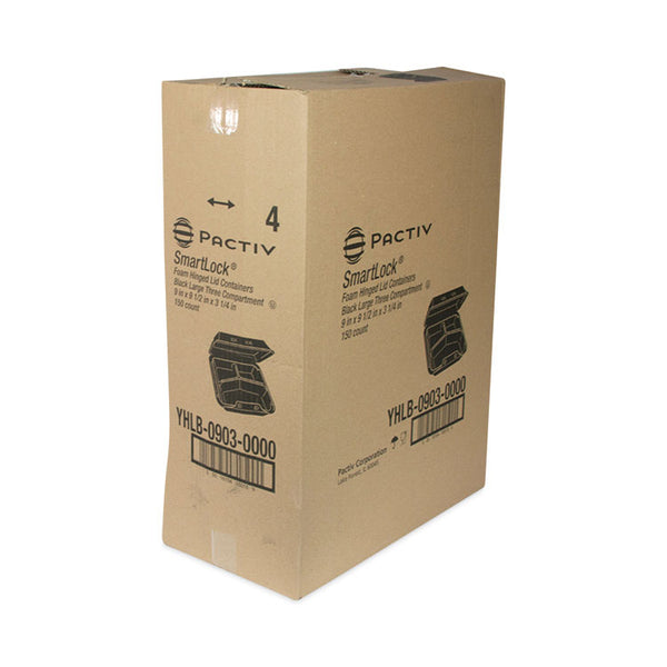 Pactiv Evergreen SmartLock Foam Hinged Lid Container, Large, 3-Compartment, 9 x 9.5 x 3.25, Black, 150/Carton (PCTYHLB09030000) Case of 150