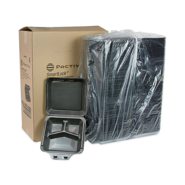 Pactiv Evergreen SmartLock Foam Hinged Lid Container, Large, 3-Compartment, 9 x 9.5 x 3.25, Black, 150/Carton (PCTYHLB09030000) Case of 150