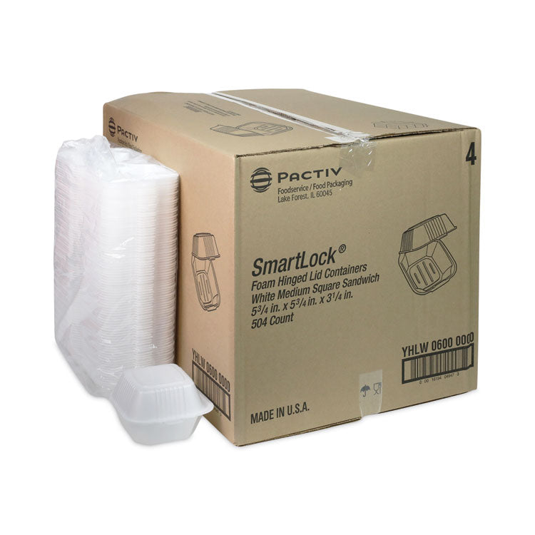 Pactiv Evergreen SmartLock Foam Hinged Lid Container, Sandwich, 5.75 x 5.75 x 3.25, White, 504/Carton (PCTYHLW06000000) Case of 504