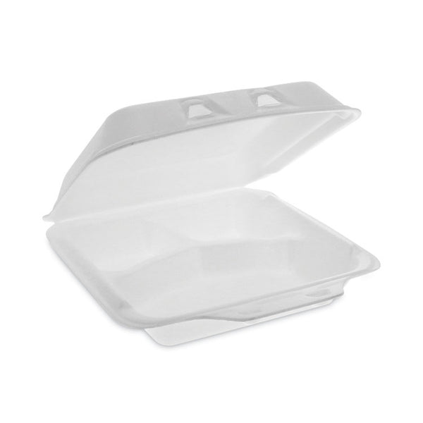 Pactiv Evergreen SmartLock Foam Hinged Lid Container, Small, 3-Compartment, 7.5 x 8 x 2.63, White, 150/Carton (PCTYHLW07030000) Case of 150
