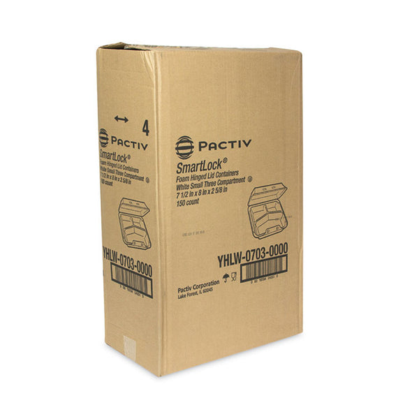 Pactiv Evergreen SmartLock Foam Hinged Lid Container, Small, 3-Compartment, 7.5 x 8 x 2.63, White, 150/Carton (PCTYHLW07030000) Case of 150