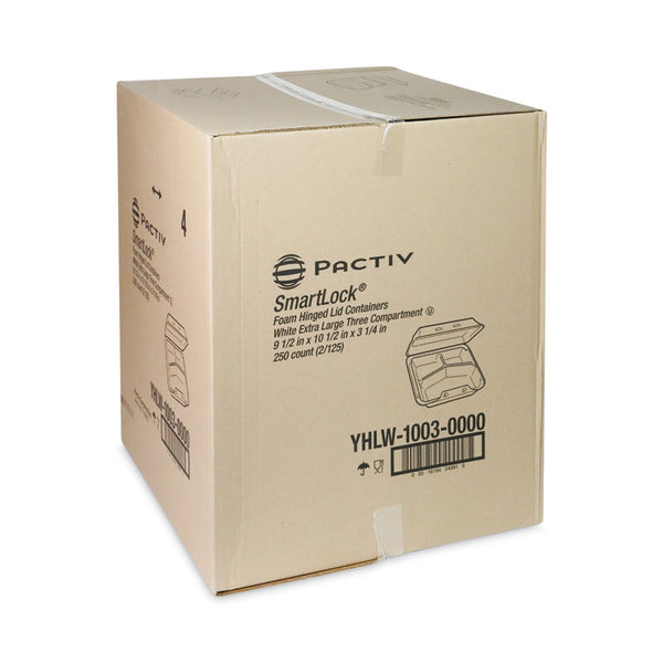 Pactiv Evergreen SmartLock Foam Hinged Lid Container, X-Large, 3-Compartment, 9.5 x 10.5 x 3.25, White, 250/Carton (PCTYHLW10030000) Case of 250