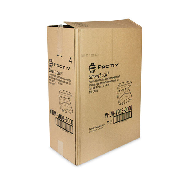Pactiv Evergreen SmartLock Vented Foam Hinged Lid Container, 3-Compartment, 9 x 9.25 x 3.25, White, 150/Carton (PCTYHLWV9030000) Case of 150