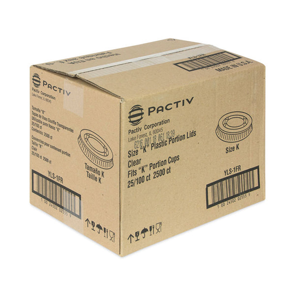 Pactiv Evergreen Plastic Portion Cup Lid, Fits 0.5 oz to 1 oz Cups, Clear, 100/Sleeve, 25 Sleeves/Carton (PCTYLS1FR) Case of 2500
