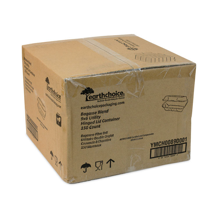 Pactiv Evergreen EarthChoice Bagasse Hinged Lid Container, Dual Tab Lock, 9.1 x 6.1 x 3.3, Natural, Sugarcane, 150/Carton (PCTYMCH00890001) Case of 150