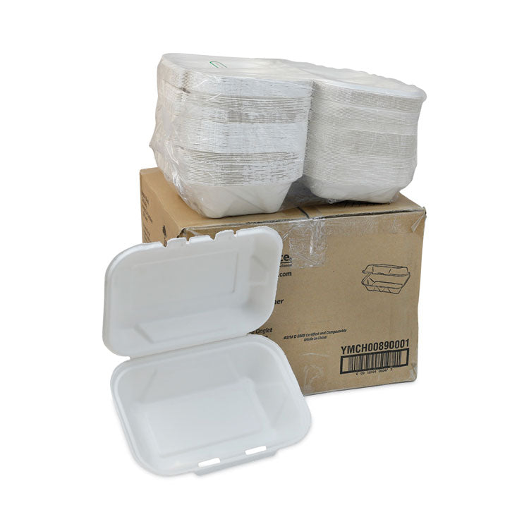 Pactiv Evergreen EarthChoice Bagasse Hinged Lid Container, Dual Tab Lock, 9.1 x 6.1 x 3.3, Natural, Sugarcane, 150/Carton (PCTYMCH00890001) Case of 150