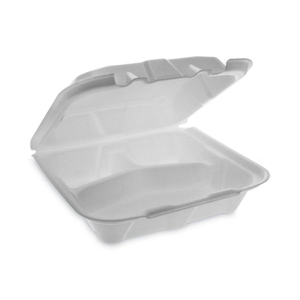 Pactiv Evergreen Vented Foam Hinged Lid Container, Dual Tab Lock Economy, 3-Compartment, 8.42 x 8.15 x 3, White, 150/Carton (PCTYTD18803ECON) Case of 150