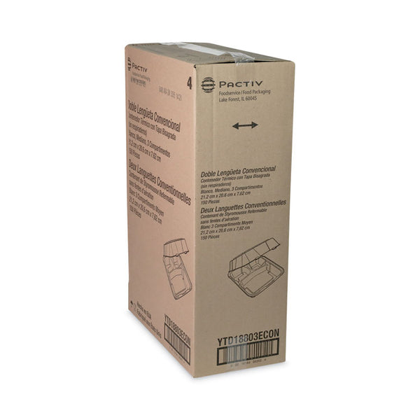 Pactiv Evergreen Vented Foam Hinged Lid Container, Dual Tab Lock Economy, 3-Compartment, 8.42 x 8.15 x 3, White, 150/Carton (PCTYTD18803ECON) Case of 150
