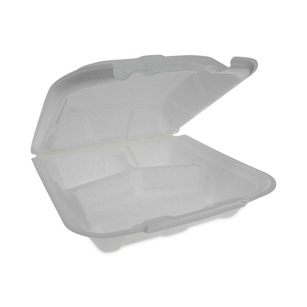 Pactiv Evergreen Vented Foam Hinged Lid Container, Dual Tab Lock Economy, 3-Compartment, 9.13 x 9 x 3.25, White, 150/Carton (PCTYTD19903ECON) Case of 150