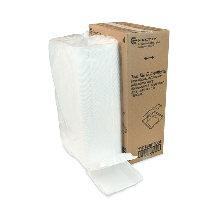Pactiv Evergreen Vented Foam Hinged Lid Container, Dual Tab Lock, 8.42 x 8.15 x 3, White, 150/Carton (PCTYTD188010000) Case of 150