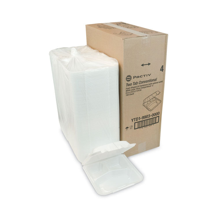 Pactiv Evergreen Vented Foam Hinged Lid Container, Dual Tab Lock, 3-Compartment, 9.13 x 9 x 3.25, White, 150/Carton (PCTYTD199030000) Case of 150