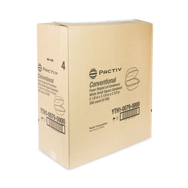 Pactiv Evergreen Foam Hinged Lid Container, Single Tab Lock, 5.13 x 5.13 x 2.5, White, 500/Carton (PCTYTH100790000) Case of 500