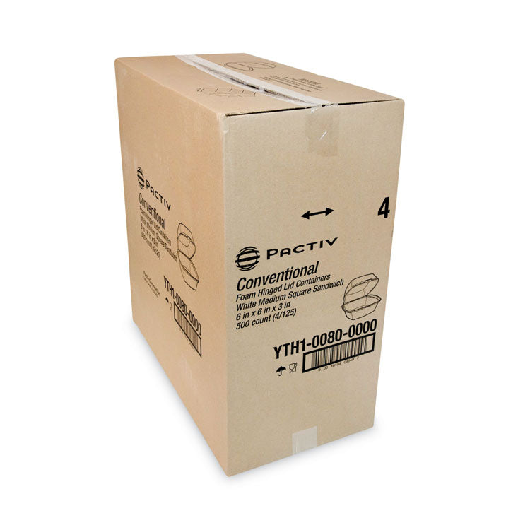 Pactiv Evergreen Foam Hinged Lid Container, Single Tab Lock, 6.38 x 6.38 x 3, White, 500/Carton (PCTYTH100800000) Case of 500