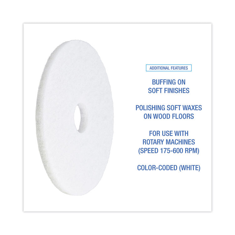 Boardwalk® Polishing Floor Pads, 16" Diameter, White, 5/Carton (BWK4016WHI)