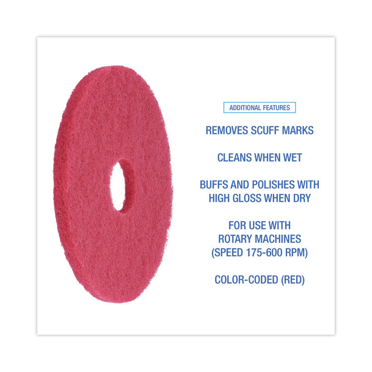 Boardwalk® Buffing Floor Pads, 16" Diameter, Red, 5/Carton (BWK4016RED)