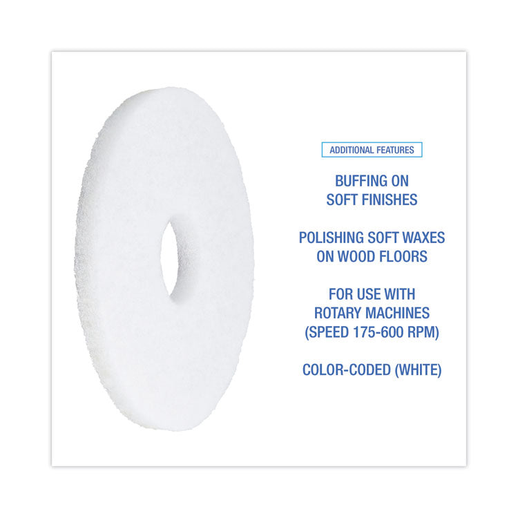 Boardwalk® Polishing Floor Pads, 12" Diameter, White, 5/Carton (BWK4012WHI)