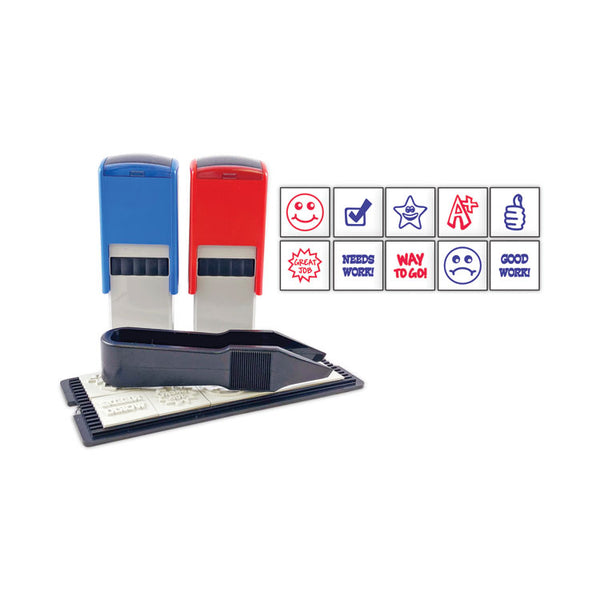 Trodat® Printy 10-in-1 Self-Inking Teacher Stamp, Incudes 10 Dies, 0.63" Diameter, Blue/Red (USS4630) Each