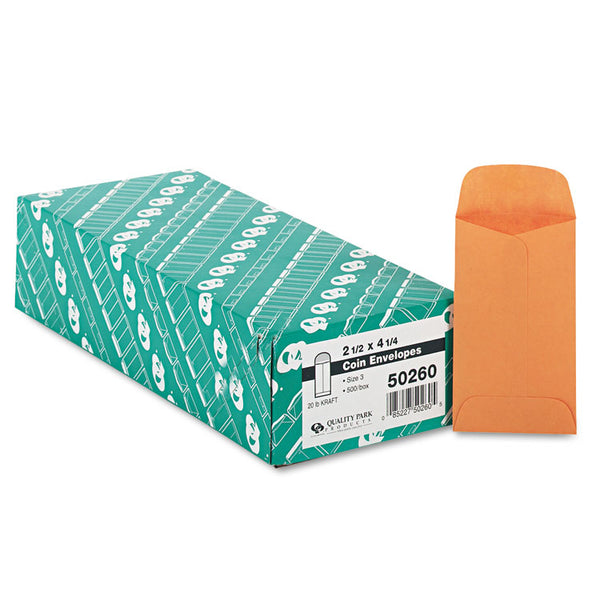 Quality Park™ Kraft Coin and Small Parts Envelope, #3, Round Flap, Gummed Closure, 2.5 x 4.25, Brown Kraft, 500/Box (QUA50260) Box of 500