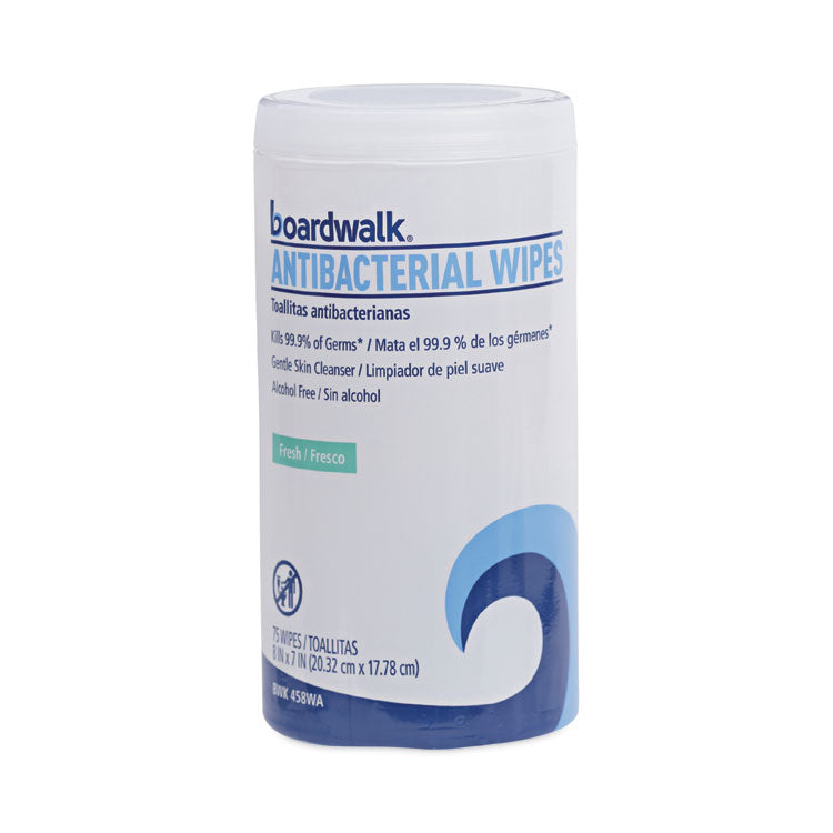 Boardwalk® Antibacterial Wipes, 5.4 x 8, Fresh Scent, 75/Canister, 6 Canisters/Carton (BWK458WA)