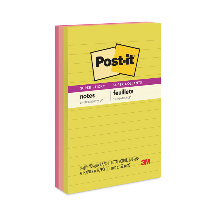 Post-it® Notes Super Sticky Note Pads in Summer Joy Collection Colors, 4" x 6", Note Ruled, Summer Joy Collection Colors, 90 Sheets/Pad, 3 Pads/Pack (MMM6603SSJOY) Each