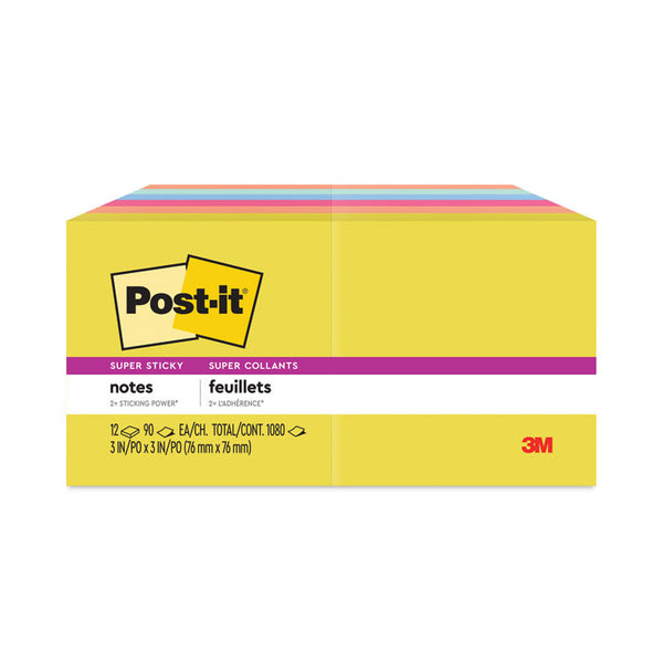 Post-it® Notes Super Sticky Note Pads in Summer Joy Collection Colors, 3" x 3", Summer Joy Collection Colors, 90 Sheets/Pad, 12 Pads/Pack (MMM65412SSJOY) Each