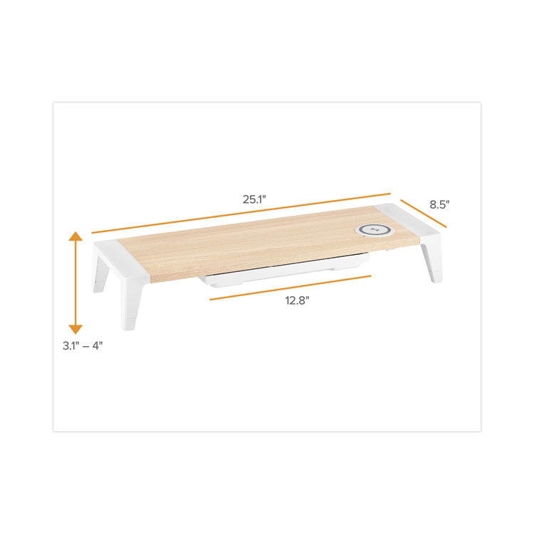 Bostitch® Wooden Monitor Stand with Wireless Charging Pad, 9.8" x 26.77" x 4.13", White (BOSSTND2408WH)
