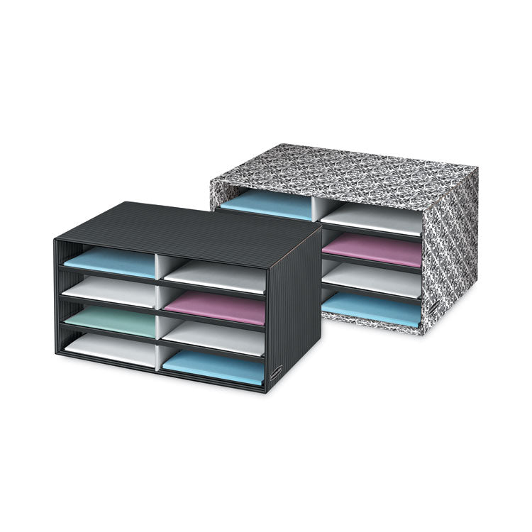 Bankers Box® Decorative Sorter, 8 Letter Compartments, 19.5 x 12.38 x 10.25, Black/White Brocade (FEL6171301) Each