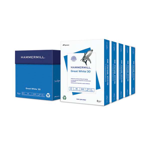 Hammermill® Great White 30 Recycled Print Paper, 92 Bright, 20 lb Bond Weight, 8.5 x 11, White, 500 Sheets/Ream, 5 Reams/Carton (HAM86710)