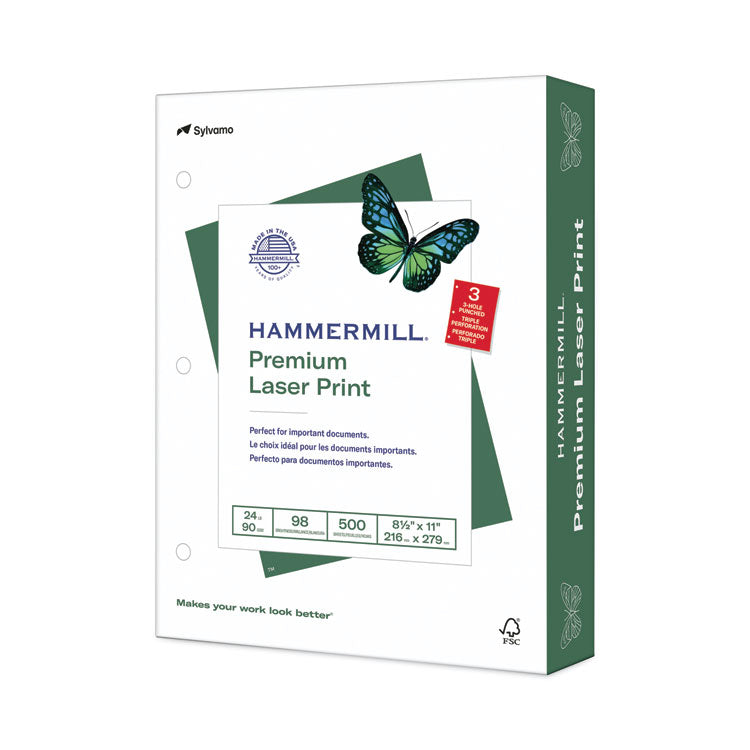 Hammermill® Premium Laser Print Paper, 98 Bright, 3-Hole, 24 lb Bond Weight, 8.5 x 11, White, 500/Ream (HAM107681)