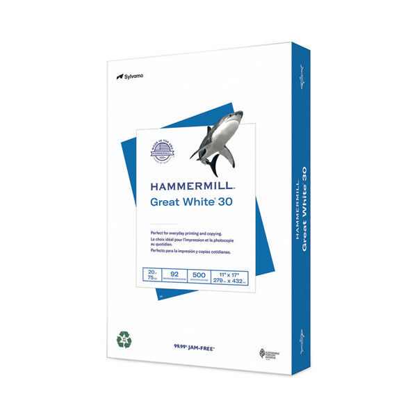 Hammermill® Great White 30 Recycled Print Paper, 92 Bright, 20 lb Bond Weight, 11 x 17, White, 500/Ream (HAM86750)