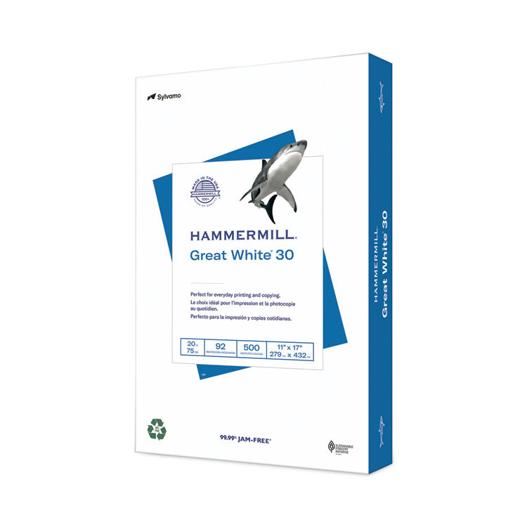 Hammermill® Great White 30 Recycled Print Paper, 92 Bright, 20 lb Bond Weight, 11 x 17, White, 500/Ream (HAM86750) 1 Ream