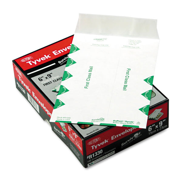 Survivor® Lightweight 14 lb Tyvek Catalog Mailers, First Class, #6 1/2, Square Flap, Redi-Strip Adhesive Closure, 6 x 9, White, 100/Box (QUAR1330)