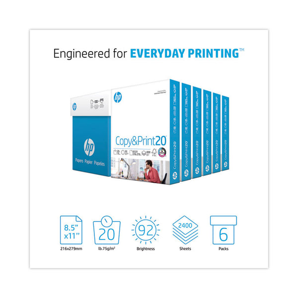 HP Papers CopyandPrint20 Paper, 92 Bright, 20 lb Bond Weight, 8.5 x 11, White, 400 Sheets/Ream, 6 Reams/Carton (HEW200010)