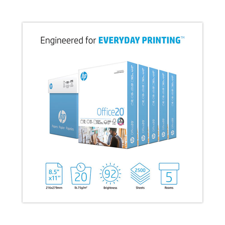 HP Papers Office20 Paper, 92 Bright, 20 lb Bond Weight, 8.5 x 11, White, 500 Sheets/Ream, 5 Reams/Carton (HEW172160) Case of 2,500