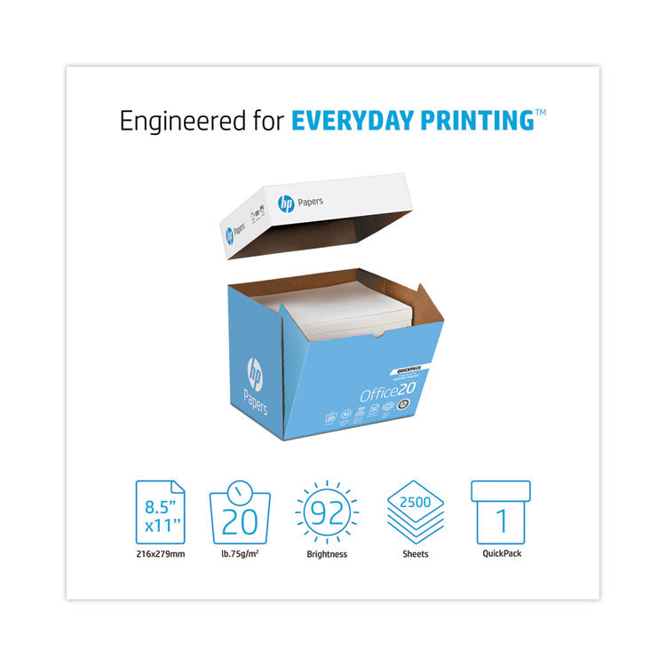 HP Papers Office20 Paper, 92 Bright, 20 lb Bond Weight, 8.5 x 11, White, 2, 500/Carton (HEW112103) 5 Reams