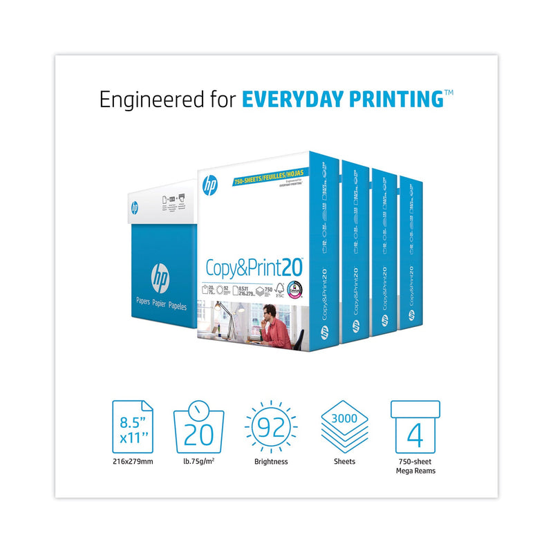HP Papers CopyandPrint20 Paper, 92 Bright, 20 lb Bond Weight, 8.5 x 11, White, 750 Sheets/Ream, 4 Reams/Carton (HEW200030) Case of 4