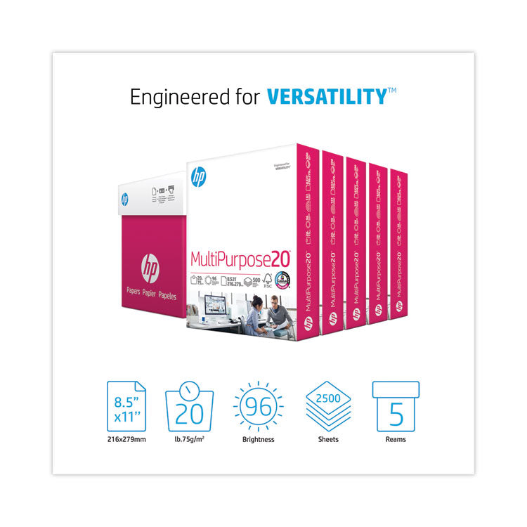 HP Papers MultiPurpose20 Paper, 96 Bright, 20 lb Bond Weight, 8.5 x 11, White, 500 Sheets/Ream, 5 Reams/Carton (HEW115100)