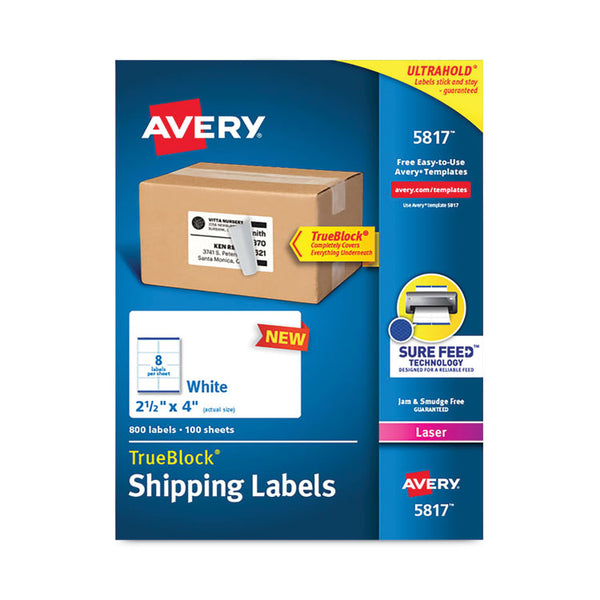 Avery® Shipping Labels with TrueBlock Technology, Laser Printers,  2.5 x 4, White, 8/Sheet, 100 Sheets/Pack (AVE5817)