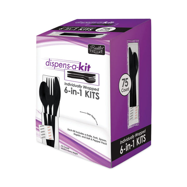 Berkley Square Dispens-a-Kit, Individually Wrapped, Mediumweight, Knife/Fork/Spoon, Black, 75/Box (BSQBEP02069)