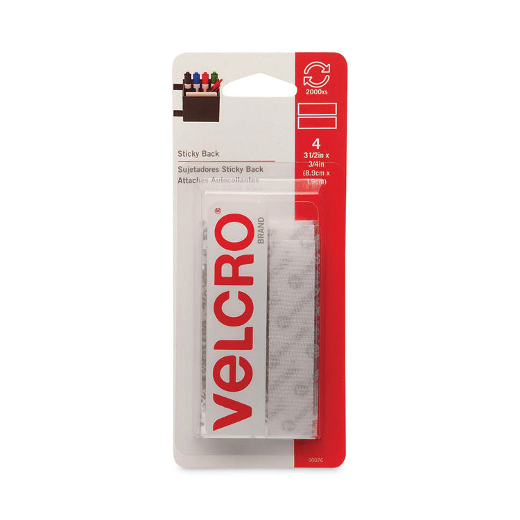 VELCRO® Brand Sticky-Back Fasteners, Four 0.75" x 3.5" Strips, White (VEK90076) Each