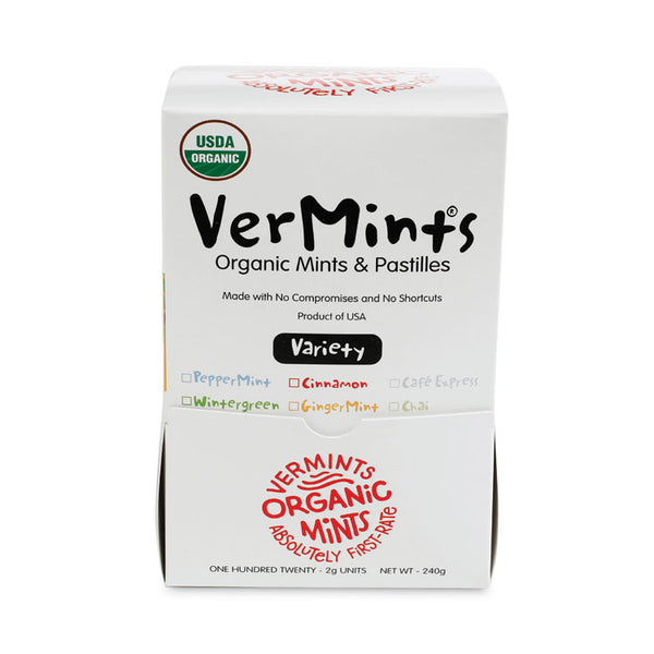 VerMints® VerMints Organic Mints/Pastilles, Assorted Flavors, 2 Mints/0.7 oz Individually Wrapped, 120/Box (VEMVNT00991) Box of 120