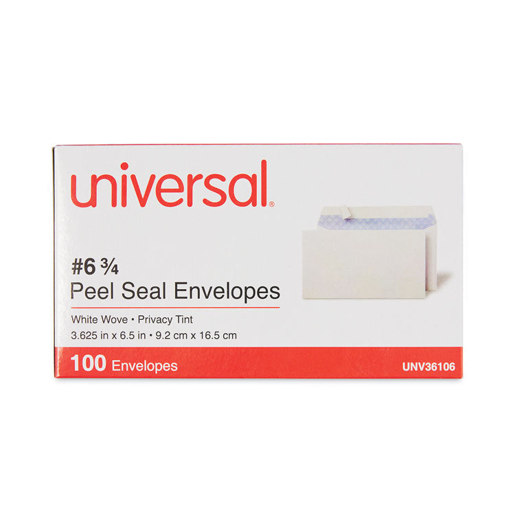 Universal® Peel Seal Strip Security Tint Business Envelope, #6 3/4, Square Flap, Self-Adhesive Closure, 3.63 x 6.5, White, 100/Box (UNV36106)