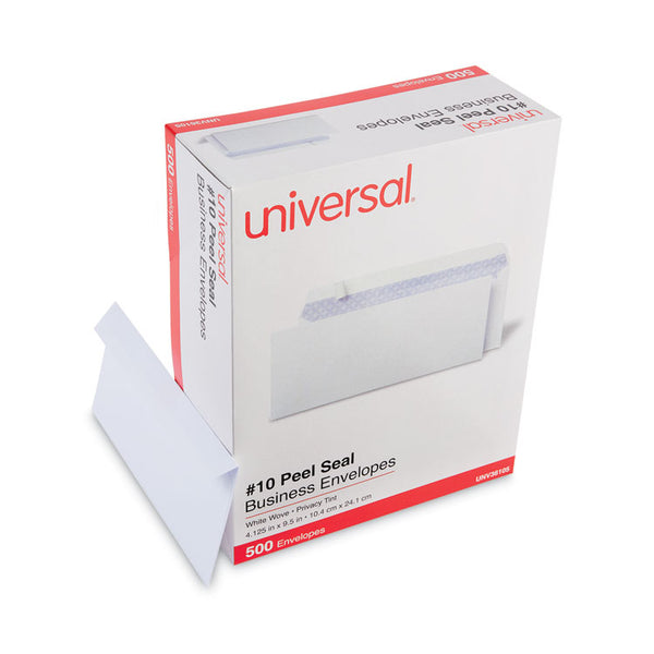 Universal® Peel Seal Strip Security Tint Business Envelope, #10, Square Flap, Self-Adhesive Closure, 4.25 x 9.63, White, 500/Box (UNV36105)